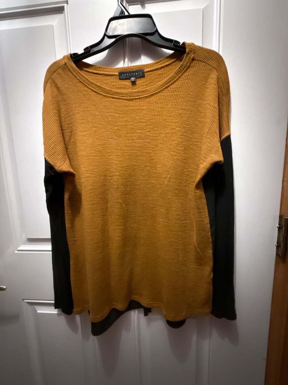 Sanctuary Mustard Ribbed Knit and Black Woven Button-Back Long Sleeve Top